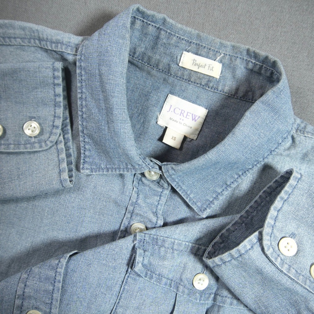 J.Crew Chambray Western Perfect Fit Roll Tab Pocket Women Shirt XS Coastal Indie